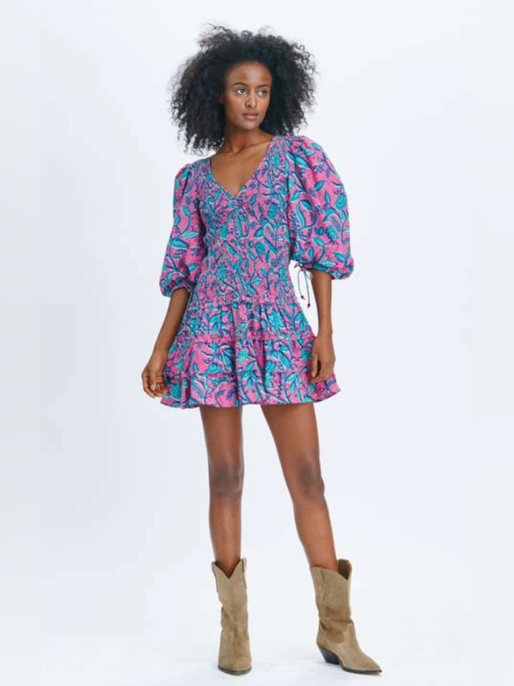 Love the Lable Vibrant Pink & Blue Floral Puff-Sleeve Mini Dress